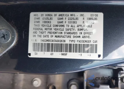 2007 Honda Accord 2.4 Se z USA, uszkodzony, nr VIN 1HGCM553X7A002636